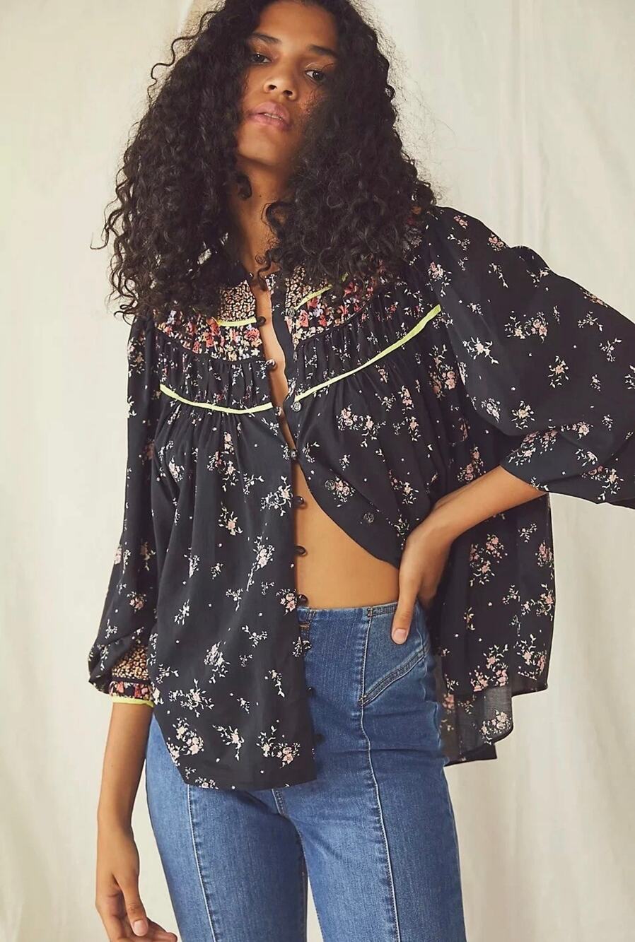 Free People Paloma Floral Printed Peasant Top Black S